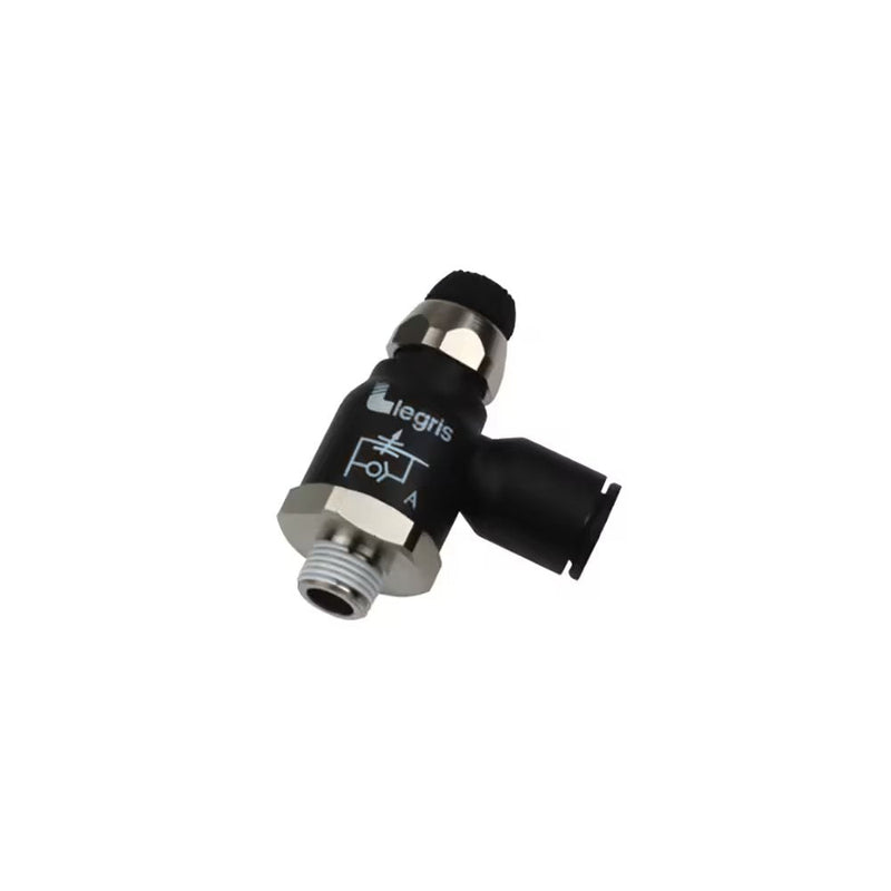 7065 04 14 by Parker | Legris Compact Flow Control - Meter Out | 5/32" Push-to-Connect x 1/4" Male NPT Thread | .63" Hex (F) | .39" (F1) | 90° Elbow | Nylon