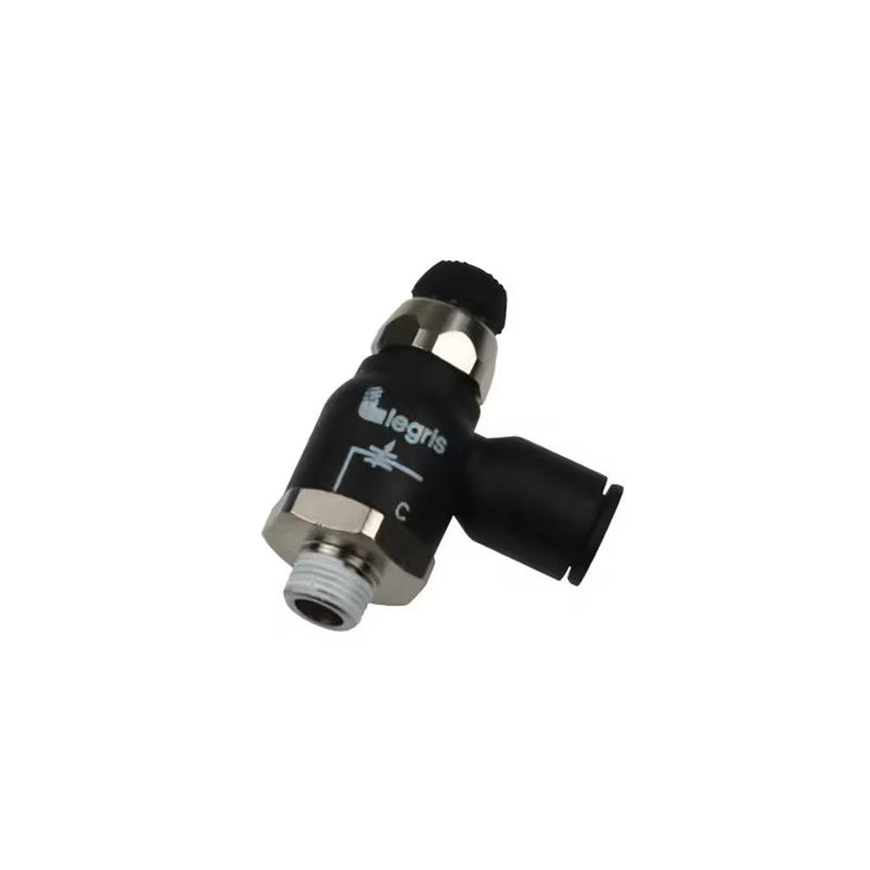 7067 06 13 by Parker | Legris Bi-Directional Compact Flow Regulator | 6 mm Tube Size x 1/4" Male BSPT Thread | 16 mm Hex | 90° Elbow | Polymer