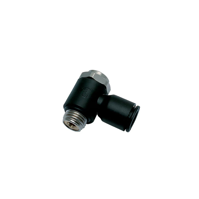 7010 06 13 by Parker | Legris Flow Regulator | 6 mm Tube Size x 1/4" Male BSPP Thread | 90° Elbow | Polymer