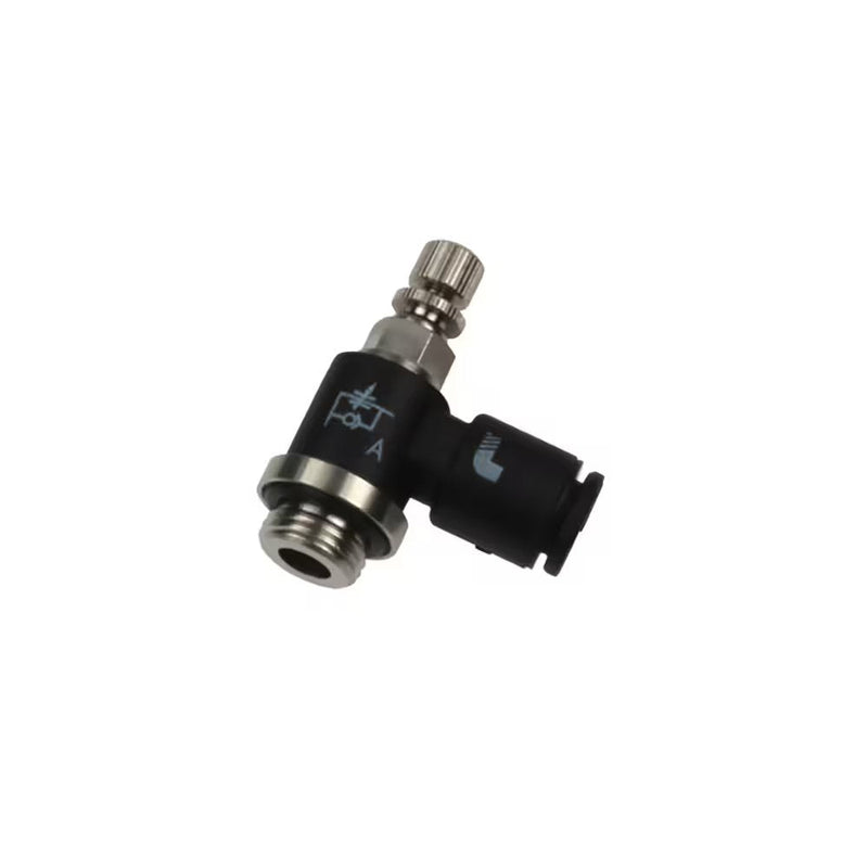 7660 04 10 by Parker | Legris Miniature Flow Regulator Exhaust | 4 mm Tube Size x 1/8" Male BSPP Thread | 7 mm Hex | 90° Elbow | Polymer