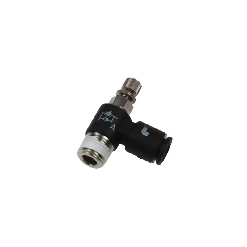 7665 06 10 by Parker | Legris Miniature Flow Regulator Exhaust | 6 mm Tube Size x 1/8" Male BSPT Thread | 7 mm Hex | 90° Elbow | Polymer