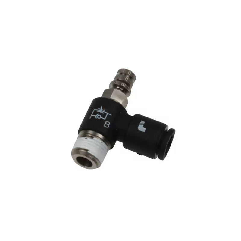 7668 06 10 by Parker | Legris Miniature Flow Regulator Supply | 6 mm Tube Size x 1/8" Male BSPT Thread | 7 mm Hex | 90° Elbow | Polymer