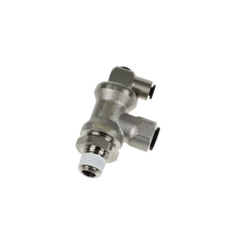 7885 56 11 by Parker | Blocking Valve | 1/4" Push-to-Connect x 1/8" Male NPT Thread x 5/32" Push-to-Connect | 21 mm Hex | 90° Elbow | Nickel-Plated Brass