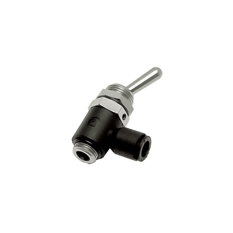 7800 04 10 by Parker | Legris 3/2 Manual Switch-Operated Valve Supply | 4 mm Tube Size x 1/8" Male BSPP Thread | 90° Elbow | Polymer