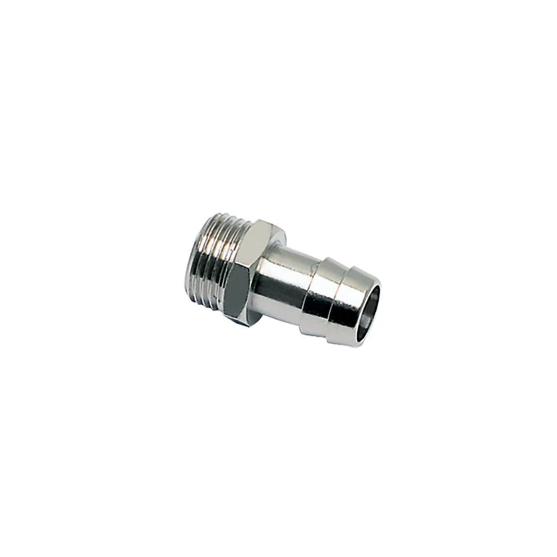 0931 08 13 by Parker | Legris Tailpiece Adapter for Rubber Hose | 9 mm Barb x 1/4" Male BSPP Thread | 14 mm Hex | 32 mm Length | Straight | Nickel-Plated Brass