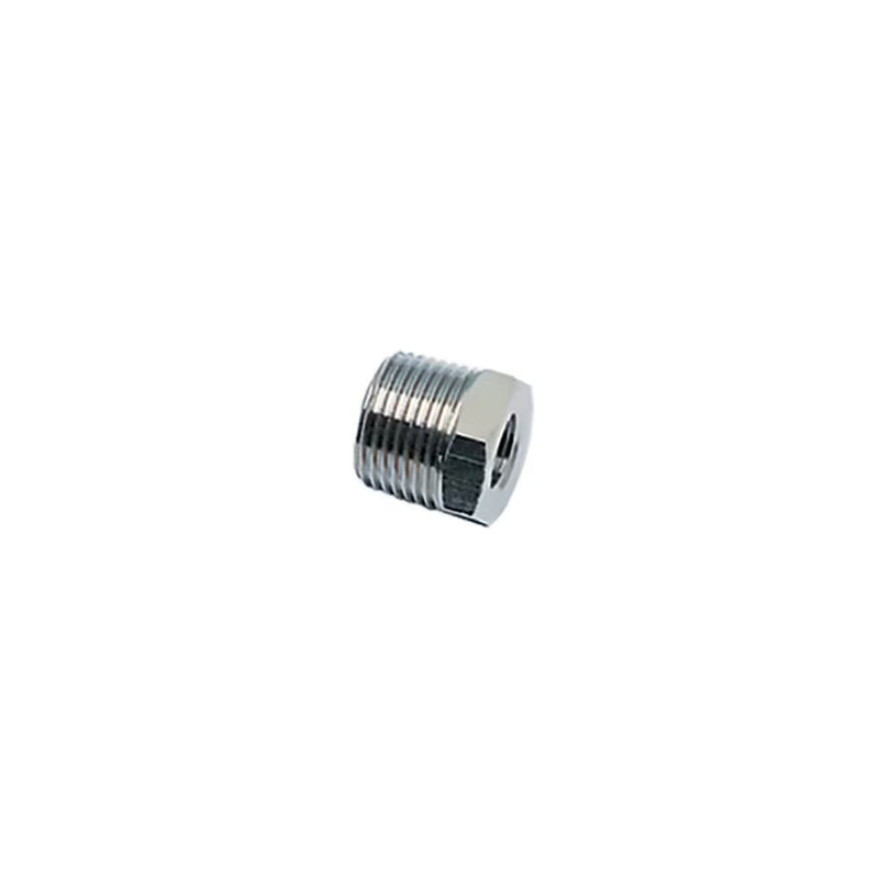 0904 10 13 by Parker | Legris Reducer | 1/4" Male BSPT Thread x 1/8" Female BSPP Thread | 14 mm Hex | 16 mm Length | Straight | Nickel-Plated Brass