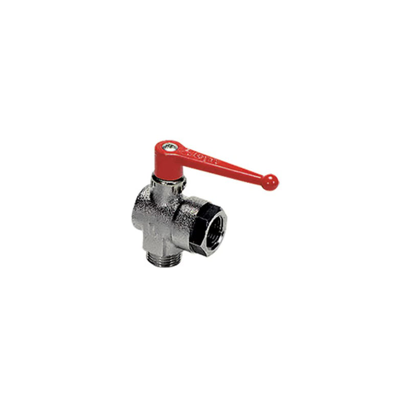 0461 18 27 by Parker | Legris Ball Valve w/ Vent | 3/4" Male BSPP Thread x 3/4" Female BSPP Thread | 38 mm Hex | 90° Elbow | Nickel-Plated Brass