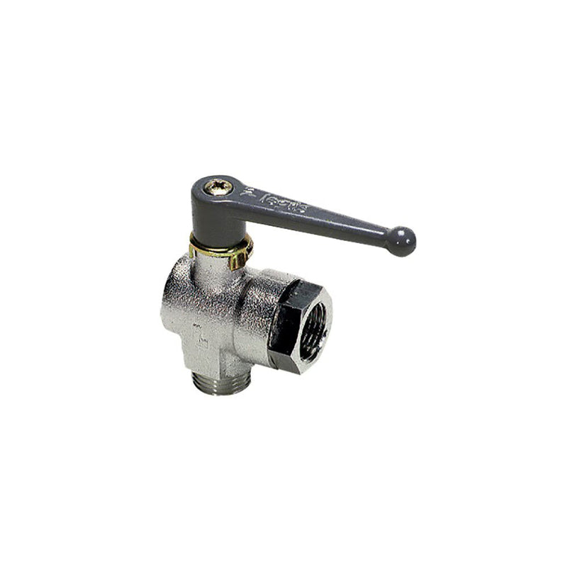 0471 12 21 by Parker | Legris In-Line Ball Valve | 1/2" Male BSPP Thread x 1/2" Female BSPP Thread | 27 mm Hex | 90° Elbow | Nickel-Plated Brass