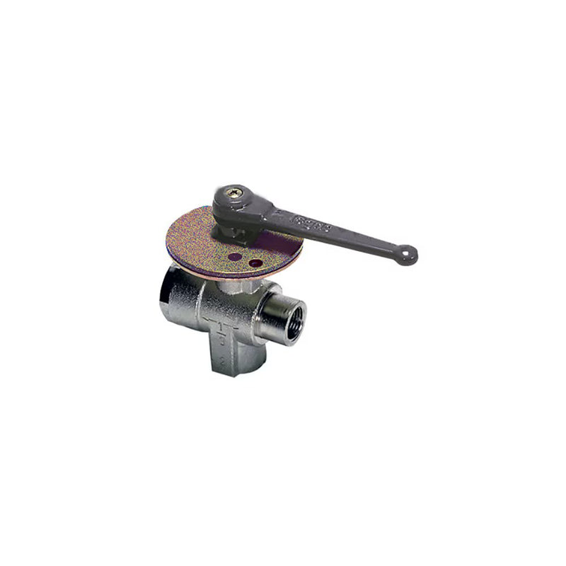 0438 23 34 by Parker | Legris 3-Point Lockable Ball Valve | 1" Female BSPP Thread | 46 mm Hex | 90° Elbow | Nickel-Plated Brass