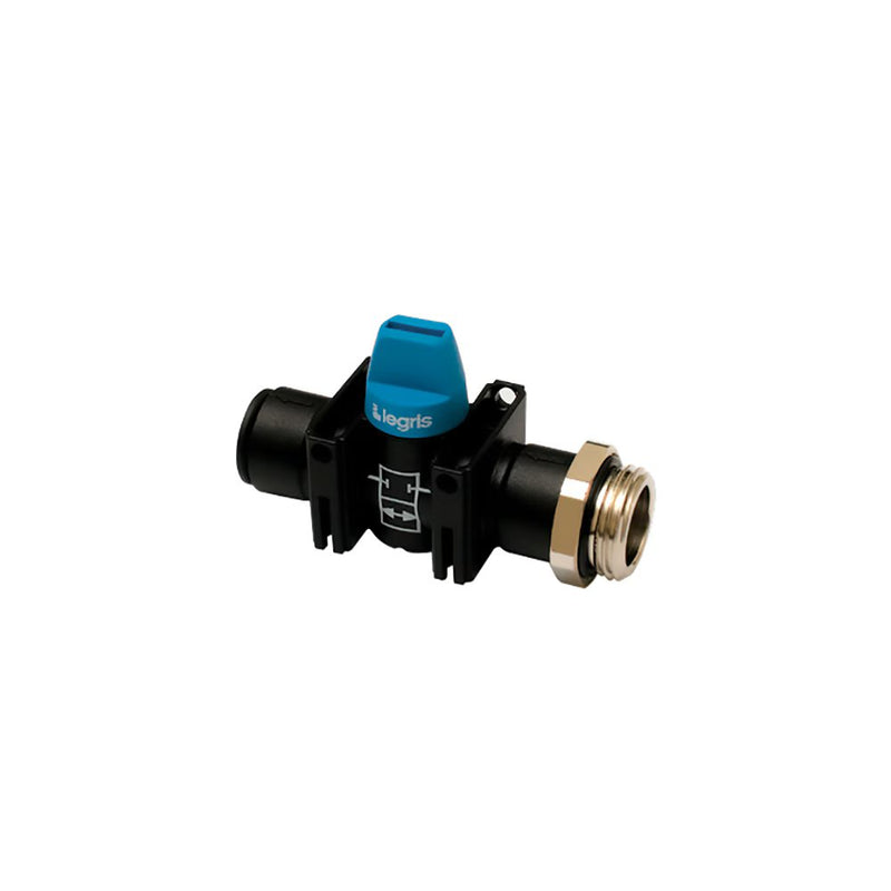 7911 06 10 by Parker | Legris In-Line Mini-Ball Valve | 6 mm Tube Size x 1/8" Male BSPP Thread | 13 mm Hex | 62 mm Length | Straight | Polymer