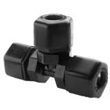 P10TU6 by Parker | Tube to Tube Fitting | 5/8" Tube OD x 3/8" Tube OD | 1-1/8" Hex | 3.36" Length | Tee | Black | Polypropylene