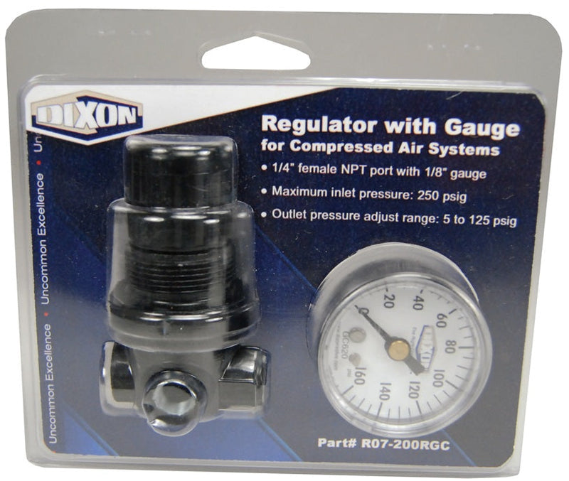 R07-200RGC by Dixon Valve | R07 Series 1 | Carded Miniature Regulator | 1/4" Port Size | 15 SCFM | with Gauge | 5-100 PSI Pressure Range