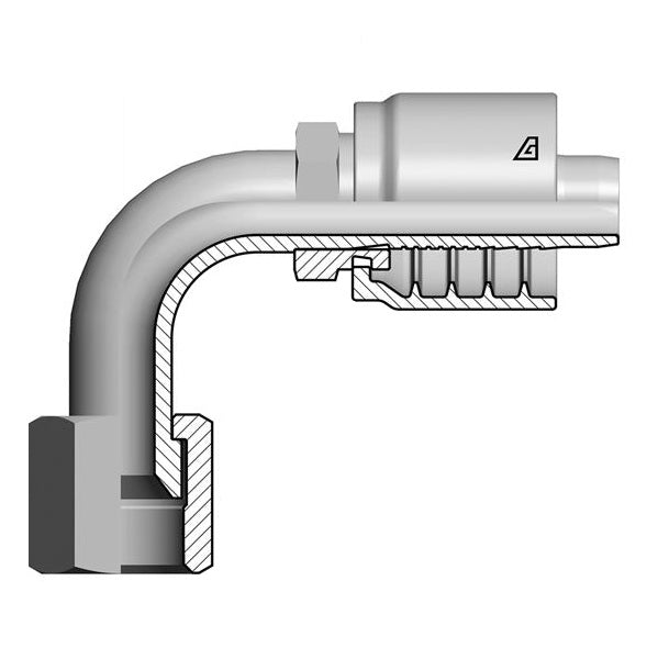S-0606-FJ9L Alfagomma by Kuriyama | S Series | One-Piece AlfaCrimp Hydraulic Hose Fitting | with Stem Hexagon | 90° Elbow | Long Drop | -06 Female 37° JIC Swivel x -06 Hose ID | Steel