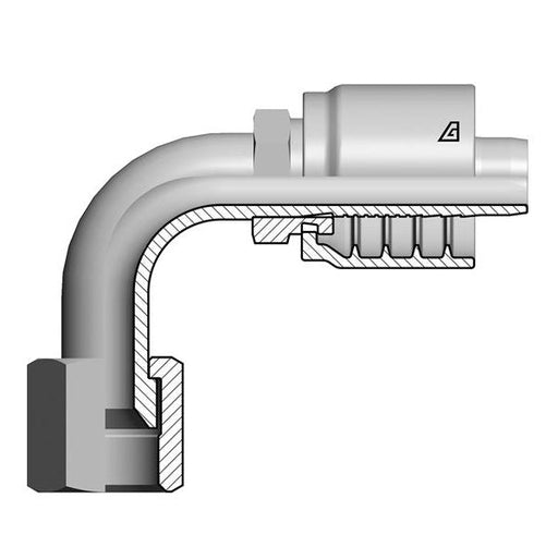 S-0606-FJ9M Alfagomma by Kuriyama | S Series | One-Piece AlfaCrimp Hydraulic Hose Fitting | with Stem Hexagon | 90° Elbow | Medium Drop | -06 Female 37° JIC Swivel x -06 Hose ID | Steel