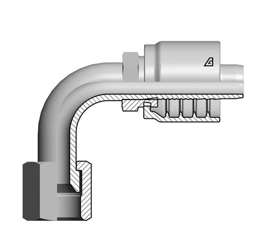 S-0810-FJ9S Alfagomma by Kuriyama | S Series | One-Piece AlfaCrimp Hydraulic Hose Fitting | with Stem Hexagon | 90° Elbow | Short Drop | -10 Female 37° JIC Swivel x -08 Hose ID | Steel
