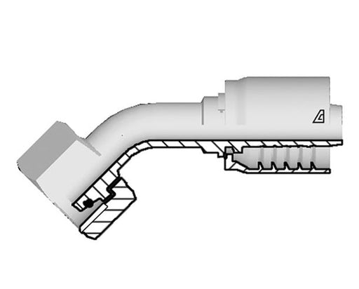 S-2052-FM4H Alfagomma by Kuriyama | S Series | One-Piece AlfaCrimp Hydraulic Hose Fitting | 45° Elbow | DIN 3865 Heavy | M52 Female Metric Swivel O-Ring 24° Seat x -20 Hose ID | Steel
