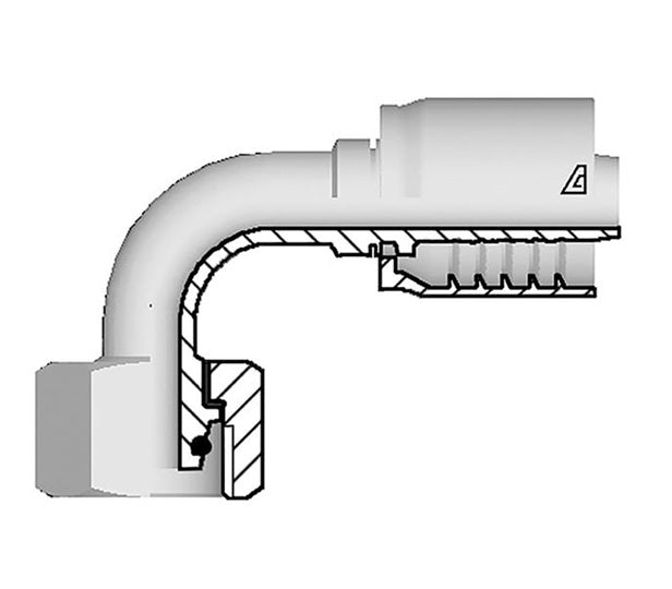 S-1636-FM9H Alfagomma by Kuriyama | S Series | One-Piece AlfaCrimp Hydraulic Hose Fitting | 90° Elbow | DIN 3865 Heavy | M36 Female Metric Swivel O-Ring 24° Seat x -16 Hose ID | Steel