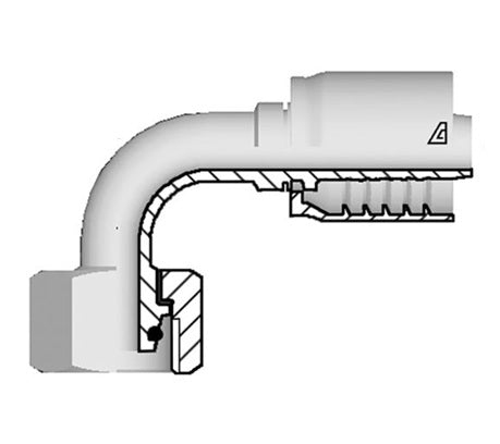 S-0822-FM9L Alfagomma by Kuriyama | S Series | One-Piece AlfaCrimp Hydraulic Hose Fitting | 90° Elbow | DIN 3853 Light | M22 Female Metric Swivel O-Ring 24° Seat x -08 Hose ID | Steel