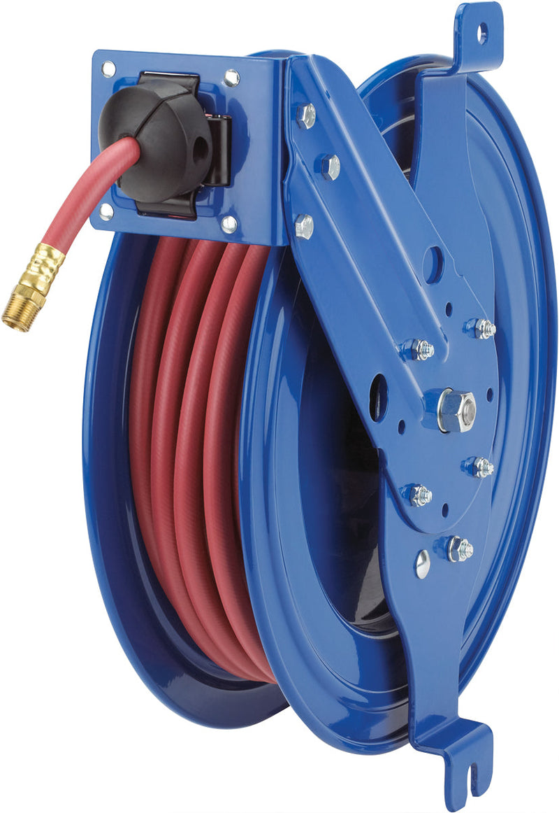 SG19-L450 by Coxreels | SG Series | 300 PSI Side Mount Spring Driven Hose Reel with Guide Arm for Air & Water | 1/2" Hose ID, 1/2" FNPT Inlet x 1/2" MNPT Hose End | Steel | 50ft PVC Hose Included