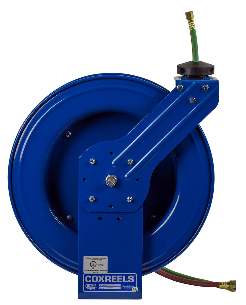 SHWT-N-175 by Coxreels | SHW Series | 200 PSI Dual Hose Spring Driven Hose Reel for Oxy-Fuel Welding (T-Grade) | 1/4" Hose ID, 1/4" FNPT Inlet x 1/4" MNPT Hose End | Steel | 75ft Neoprene Hose Included