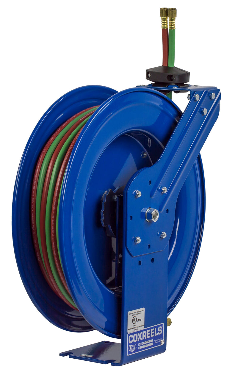 SHWT-N-1100 by Coxreels | SHW Series | 200 PSI Dual Hose Spring Driven Hose Reel for Oxy-Fuel Welding (T-Grade) | 1/4" Hose ID, 1/4" FNPT Inlet x 1/4" MNPT Hose End | Steel | 100ft Neoprene Hose Included