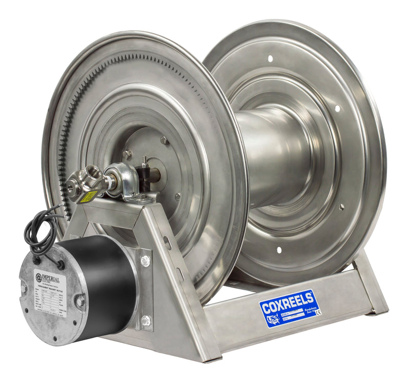 1125-4-200-E-SP by Coxreels | 1125-SS Series | 3,000 PSI Motor Driven Hose Reel | 12V DC 1/3 HP Electric Motor | 1/2" Hose ID, 1/2" FNPT Inlet | Stainless Steel | 200ft Capacity, Hose Not Included
