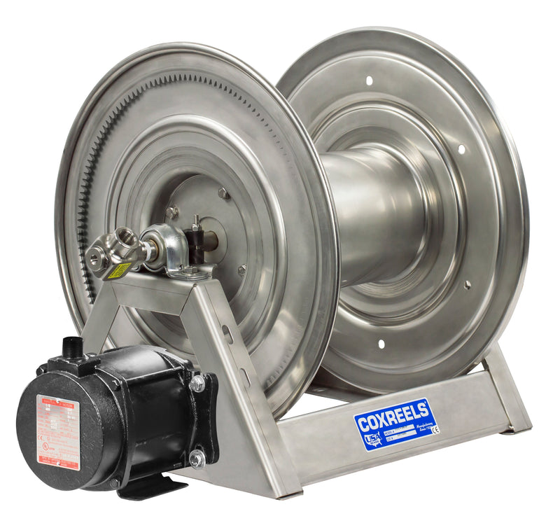 1125-4-100-ED-SP by Coxreels | 1125-SS Series | 3,000 PSI Motor Driven Hose Reel | 12V DC 1/2 HP Explosion Proof Electric Motor | 1/2" Hose ID, 1/2" FNPT Inlet | Stainless Steel | 100ft Capacity, Hose Not Included
