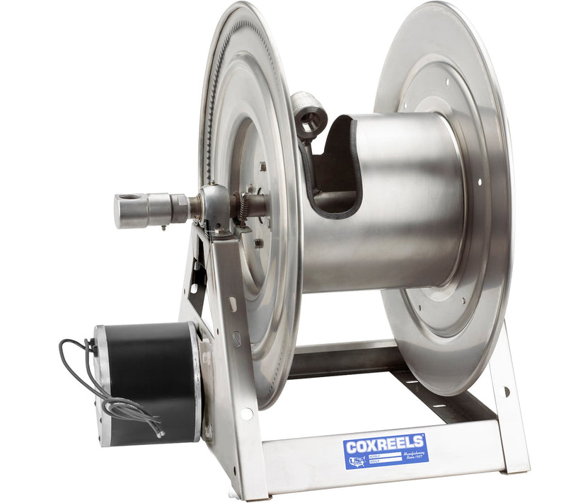 1175-6-100-E-SP by Coxreels | 1175-SS Series | 3,000 PSI Motor Driven Hose Reel | 12V DC 1/3 HP Electric Motor | 1" Hose ID, 1" FNPT Inlet | Stainless Steel | 100ft Capacity, Hose Not Included