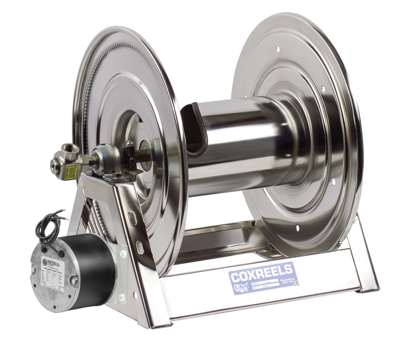 1125-4-200-E-SS by Coxreels | 1125-SS Series | 3,000 PSI Motor Driven Hose Reel | 12V DC 1/3 HP Electric Motor | 1/2" Hose ID, 1/2" FNPT Inlet | Stainless Steel | 200ft Capacity, Hose Not Included