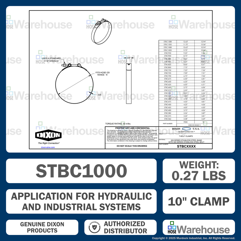STBC1000 by Dixon Valve | Style STBC | T-Bolt Clamp | 3/4" Band Width | Hose OD Range: from 9.75" to 10.06" | 300 Stainless Steel Band & Bolt