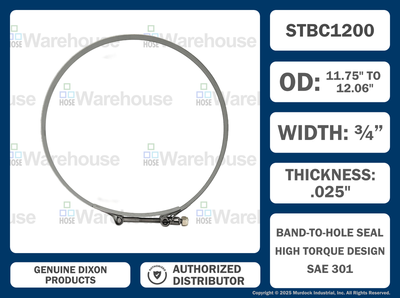 STBC1200 by Dixon Valve | Style STBC | T-Bolt Clamp | 3/4" Band Width | Hose OD Range: from 11.75" to 12.06" | 300 Stainless Steel Band & Bolt