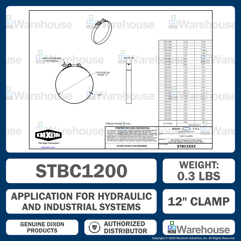 STBC1200 by Dixon Valve | Style STBC | T-Bolt Clamp | 3/4" Band Width | Hose OD Range: from 11.75" to 12.06" | 300 Stainless Steel Band & Bolt