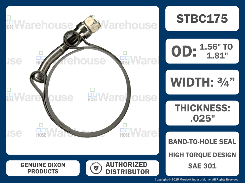 STBC175 by Dixon Valve | Style STBC | T-Bolt Clamp | 3/4" Band Width | Hose OD Range: from 1.56" to 1.81" | 300 Stainless Steel Band & Bolt