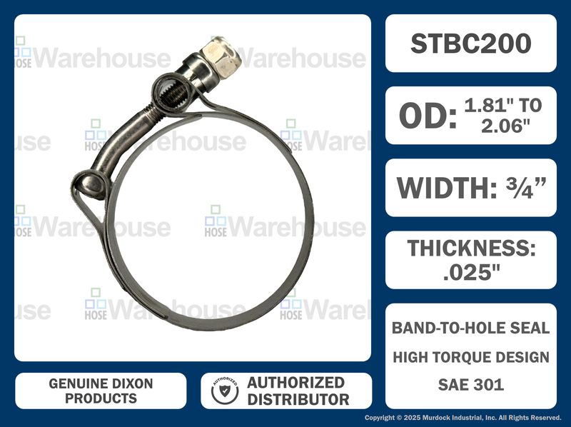 STBC200 by Dixon Valve | Style STBC | T-Bolt Clamp | 3/4" Band Width | Hose OD Range: from 1.81" to 2.06" | 300 Stainless Steel Band & Bolt