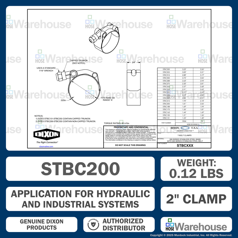 STBC200 by Dixon Valve | Style STBC | T-Bolt Clamp | 3/4" Band Width | Hose OD Range: from 1.81" to 2.06" | 300 Stainless Steel Band & Bolt