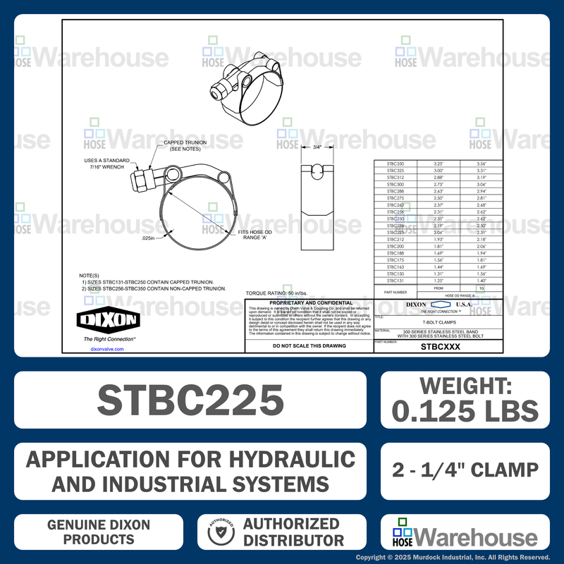 STBC225 by Dixon Valve | Style STBC | T-Bolt Clamp | 3/4" Band Width | Hose OD Range: from 2.06" to 2.31" | 300 Stainless Steel Band & Bolt