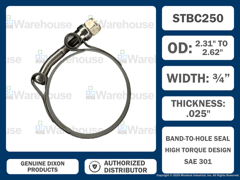 STBC250 by Dixon Valve | Style STBC | T-Bolt Clamp | 3/4" Band Width | Hose OD Range: from 2.31" to 2.62" | 300 Stainless Steel Band & Bolt