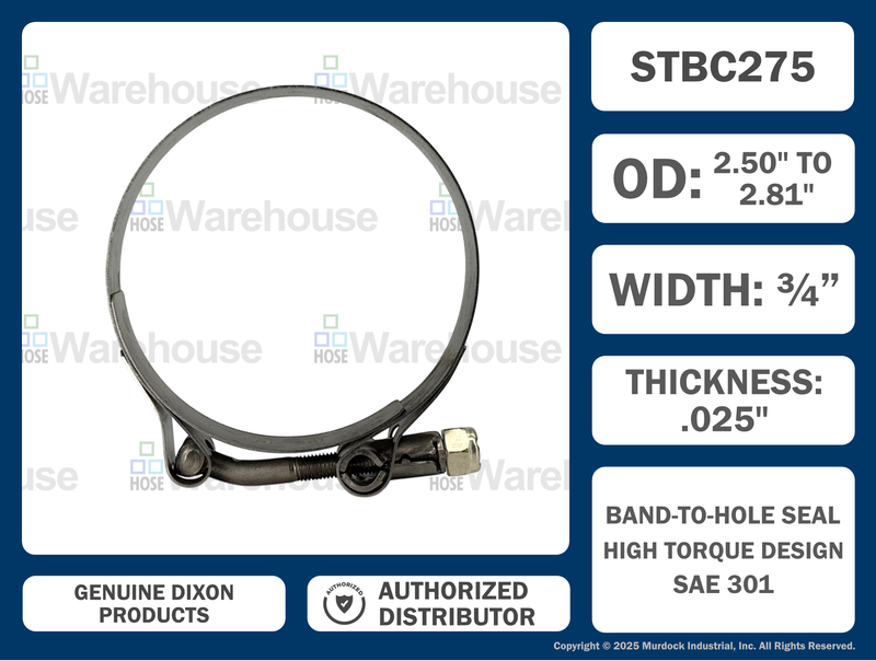 STBC275 by Dixon Valve | Style STBC | T-Bolt Clamp | 3/4" Band Width | Hose OD Range: from 2.50" to 2.81" | 300 Stainless Steel Band & Bolt