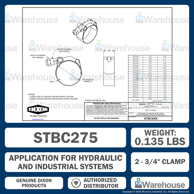 STBC275 by Dixon Valve | Style STBC | T-Bolt Clamp | 3/4" Band Width | Hose OD Range: from 2.50" to 2.81" | 300 Stainless Steel Band & Bolt