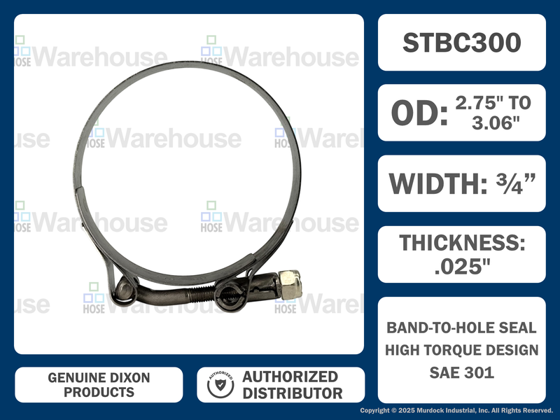 STBC300 by Dixon Valve | Style STBC | T-Bolt Clamp | 3/4" Band Width | Hose OD Range: from 2.75" to 3.06" | 300 Stainless Steel Band & Bolt