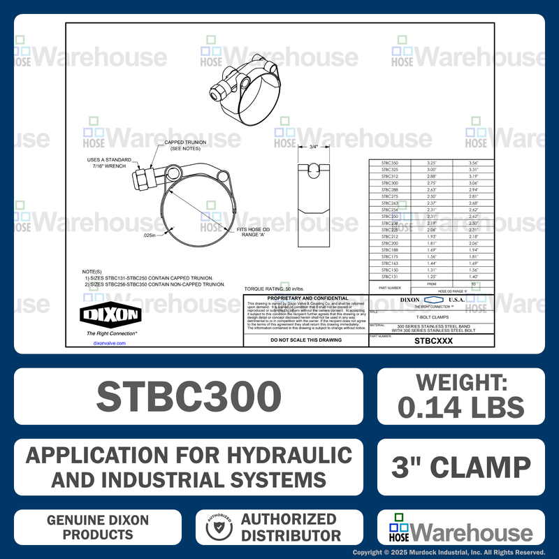 STBC300 by Dixon Valve | Style STBC | T-Bolt Clamp | 3/4" Band Width | Hose OD Range: from 2.75" to 3.06" | 300 Stainless Steel Band & Bolt