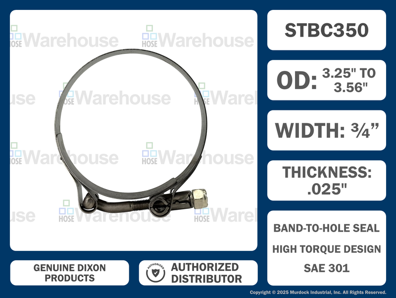 STBC350 by Dixon Valve | Style STBC | T-Bolt Clamp | 3/4" Band Width | Hose OD Range: from 3.25" to 3.56" | 300 Stainless Steel Band & Bolt