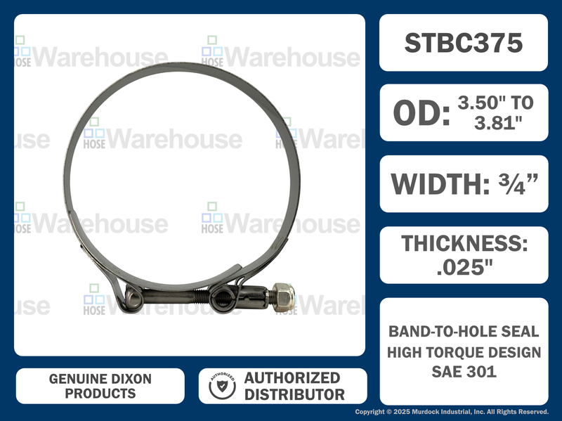 STBC375 by Dixon Valve | Style STBC | T-Bolt Clamp | 3/4" Band Width | Hose OD Range: from 3.50" to 3.81" | 300 Stainless Steel Band & Bolt