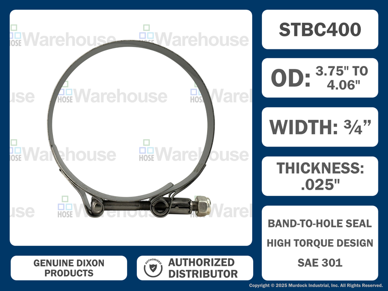 STBC400 by Dixon Valve | Style STBC | T-Bolt Clamp | 3/4" Band Width | Hose OD Range: from 3.75" to 4.06" | 300 Stainless Steel Band & Bolt