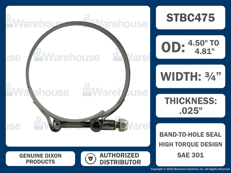 STBC475 by Dixon Valve | Style STBC | T-Bolt Clamp | 3/4" Band Width | Hose OD Range: from 4.50" to 4.81" | 300 Stainless Steel Band & Bolt