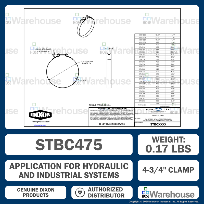 STBC475 by Dixon Valve | Style STBC | T-Bolt Clamp | 3/4" Band Width | Hose OD Range: from 4.50" to 4.81" | 300 Stainless Steel Band & Bolt