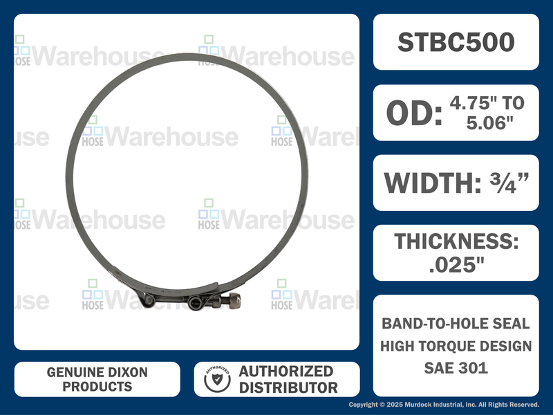 STBC500 by Dixon Valve | Style STBC | T-Bolt Clamp | 3/4" Band Width | Hose OD Range: from 4.75" to 5.06" | 300 Stainless Steel Band & Bolt