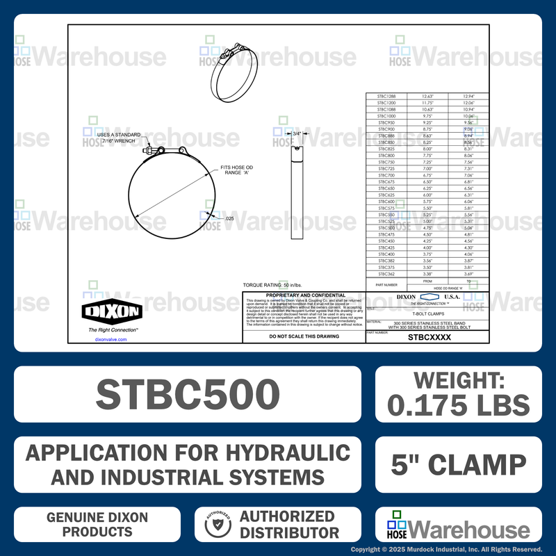 STBC500 by Dixon Valve | Style STBC | T-Bolt Clamp | 3/4" Band Width | Hose OD Range: from 4.75" to 5.06" | 300 Stainless Steel Band & Bolt