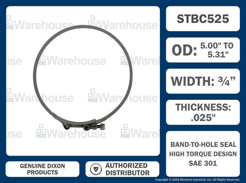 STBC525 by Dixon Valve | Style STBC | T-Bolt Clamp | 3/4" Band Width | Hose OD Range: from 5.00" to 5.31" | 300 Stainless Steel Band & Bolt