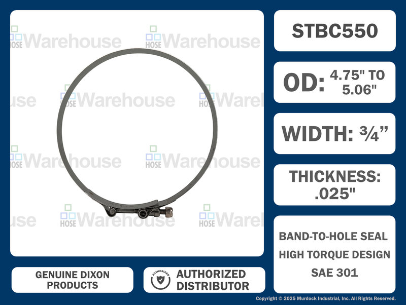 STBC550 by Dixon Valve | Style STBC | T-Bolt Clamp | 3/4" Band Width | Hose OD Range: from 5.25" to 5.56" | 300 Stainless Steel Band & Bolt